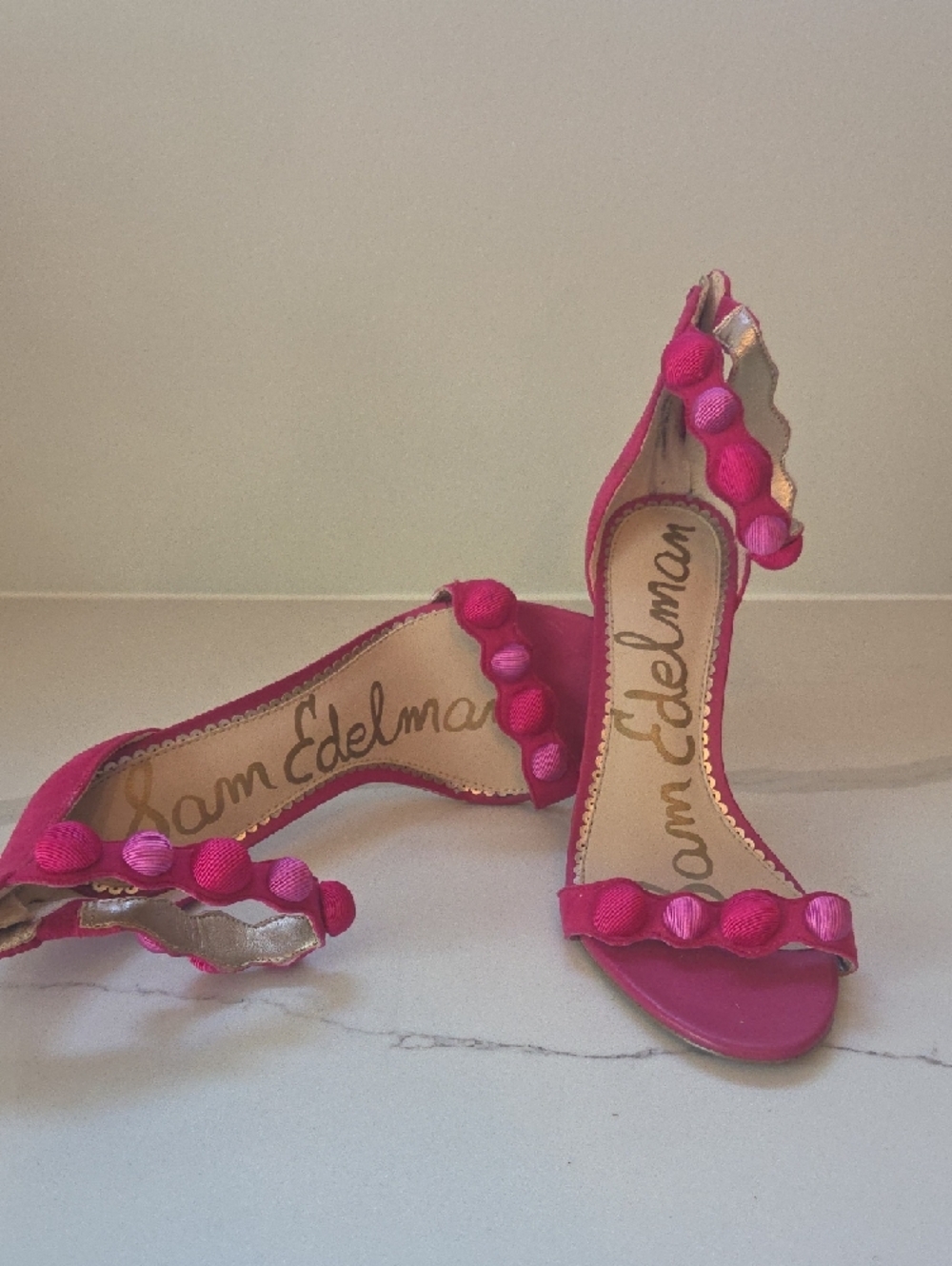 Sam Edelman Deep Pink Pom-Trim Stiletto Sandals - Picture 4 of 4